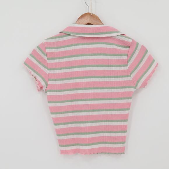 Y2K Preppy Polo Crop Top Pink Green Striped Ribbed 90s Soft Girl Pastel Size L - Picture 5 of 9
